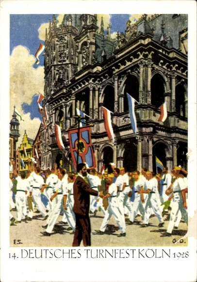 Artist Postcard Cologne on the Rhine, 14th German Gymnastics Festival, 1928, flags, gymnasts, parade