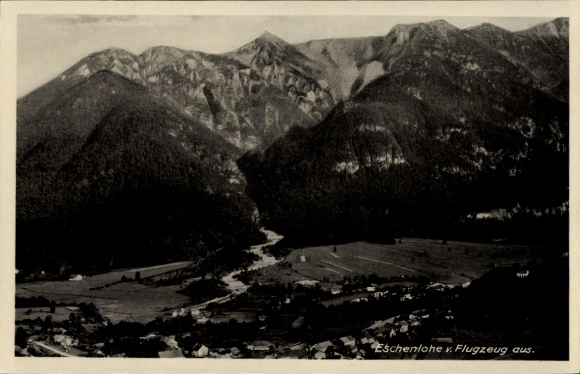 Postcard Eschenlohe in Upper Bavaria, aerial view of mountains, river, landscape