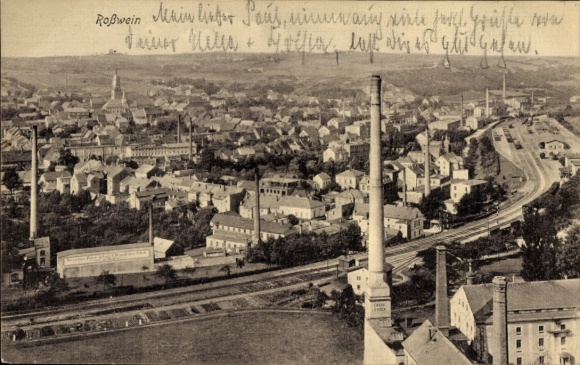 Ak Roßwein in Sachsen, Luftaufnahme von  viele Häuser, Schornsteine, Industrieanlagen