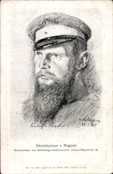 Künstler Ak Wulff, Walther, Oberstleutnant Friedrich von Rogister, Schlesw. Holst. Ulanen Regt. 15