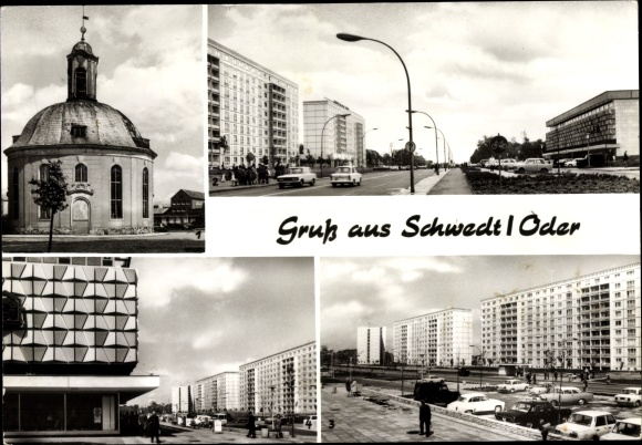Postcard Schwedt on the Oder, French Chapel, Leninallee