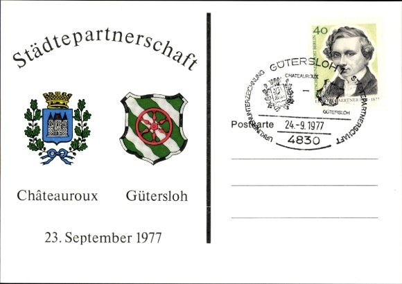 Postcard Gütersloh in Westphalia, town twinning Châteauroux, coat of arms, 23.09.1977