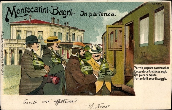 Litho Montecatini Terme Toscana, In partenza, Am Bahnhof, Heilwasser, Tettuccio, Rinfresco, Torretta