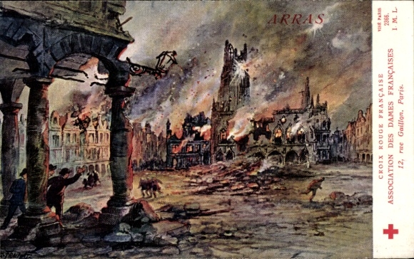 Artist Postcard Fraipont, G., Arras Pas de Calais, bombing of the site, destruction