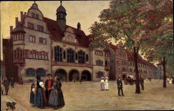Ak Freiburg im Breisgau, Rathaus, Menschen in r Kleidung, Bäume, Hund