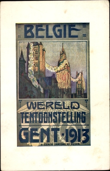 Postcard world exhibition in Gand 1913, city in festive decorations, church tower