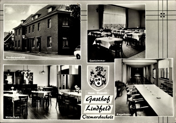 Wappen Ak Ottmarsbocholt Senden Westfalen, Gasthof Lindfeld, Vorderseite, Gastzimmer, Kegelbahn
