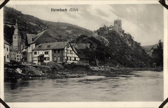 Postcard Heimbach in the Eifel, view of half-timbered houses, ruins, mountain