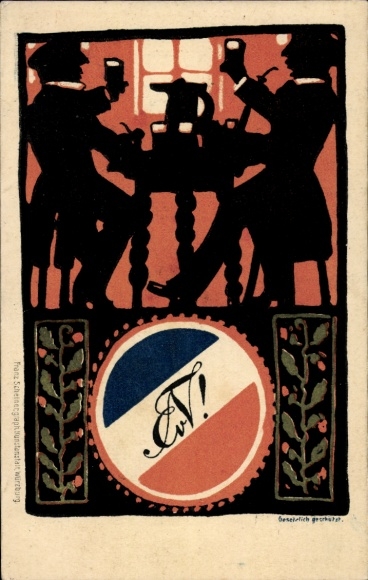 Studentika Postcard Marburg, two students with beer glasses and pipes, corps crest