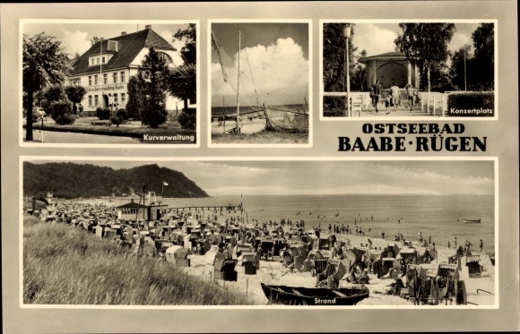 Postcard Ostseebad Baabe on Rügen, beach, beach chairs, spa administration, concert venue