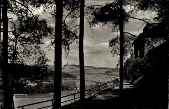 Postcard Lauter Bernsbach in the Ore Mountains Saxony, Lumbachhöhe, sports stadium, restaurant Otto Auerswald