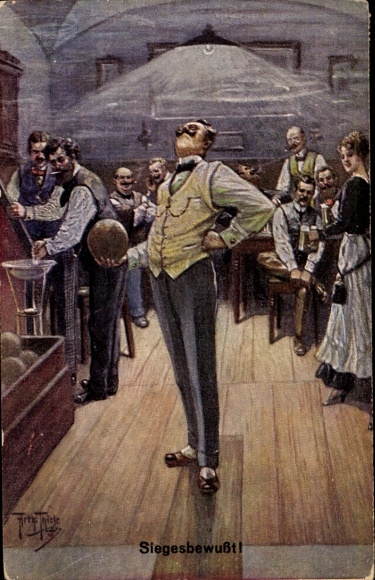 Artist Postcard Thiele, Arthur, Confident of Victory, Men Bowling, Bowling Alley