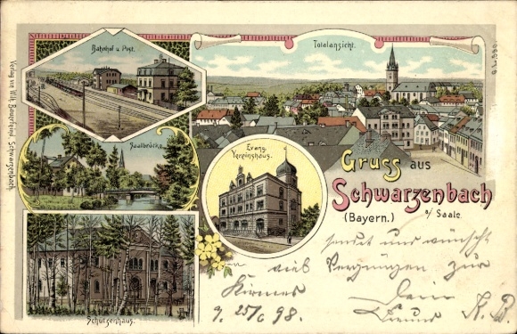 Chromo-Litho Schwarzenbach an der Saale Upper Franconia, Protestant community center, train station, post office, shooting range, bridge