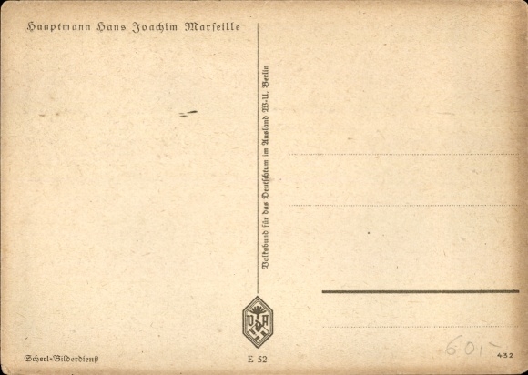 Postcard German Air Force, Captain Hans Joachim Marseille, Knight's Cross, VDA E 52