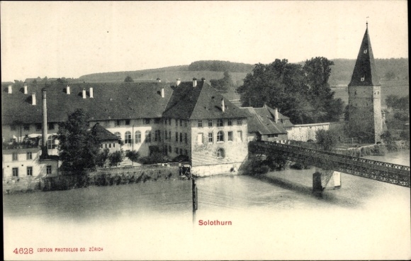Postcard Solothurn City Switzerland, river, building, bridge, tower, Solothurn