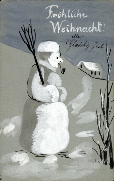 Handgemalt Ak Frohe Weihnachten, Schneemann mit Pfeife