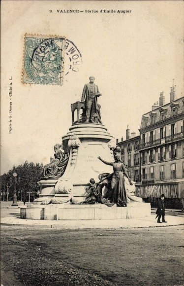 Ak Valence Drôme, Statue von Emile Augier