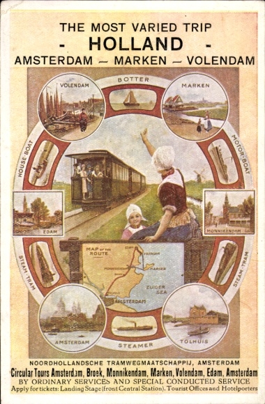 Postcard Dutch Railways, Noordhollandsche Tramwegmaatschappij, traditional costumes, brands, Volendam