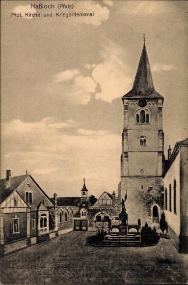 Ak Haßloch in de wijk Bad Dürkheim, protestantse kerk en oorlogsmonument