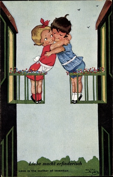 Artist Postcard Spark, Chicky, Love is the mother of invention, Lovers, Embracing on the balcony