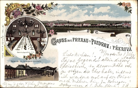 Chromo-Litho Přerov Prerau Olmütz region, overall view, railway restoration, platform d. kk Ferdinand&#39;s northern railway