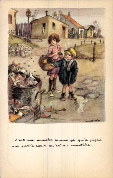 Kunstenaar Ak Poulbot, Francisque, kinderen, vuilnisbak, vliegen