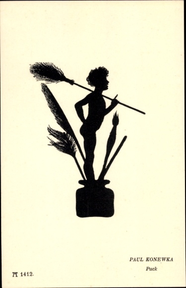 Paper cutting artist Postcard Konewka, P., Puck, boy, tin barrel