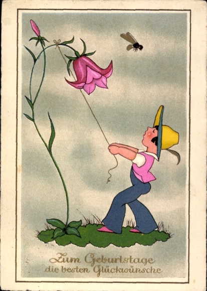 Postcard Congratulations Birthday, Boy, Flower, Bee