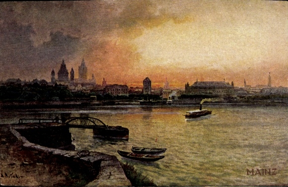 Künstler Ak Astudin, Mainz am Rhein, Panorama, Sonnenuntergang