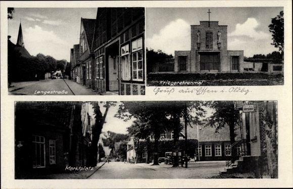 Ak Essen in Oldenburg, oorlogsmonument, marktplein, Langestraße, kapper
