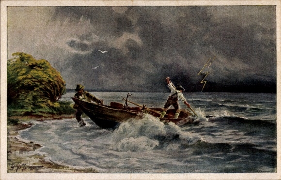 Artist Postcard Moralt, W., thunderstorm, rowing boat, waves