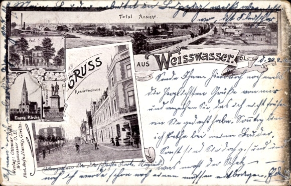 Chromo-Litho Weißwasser in Upper Lusatia, general view, Henriettenstraße, Protestant Church, post office, monument