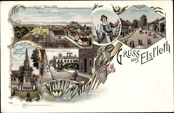Chromo-Litho Elsfleth on the Unterweser, Mühlenstraße, total view, navigation school