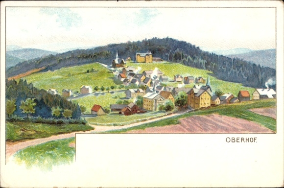 Postcard Oberhof in the Thuringian Forest, painting of hilly landscape, smaller buildings
