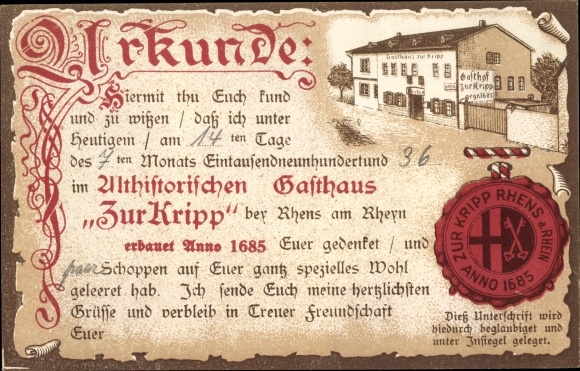 KP Rhens am Rhein, Gasthaus zur Kripp, pieczęć, certyfikat