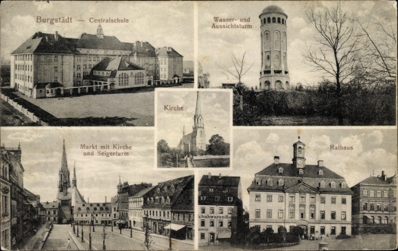 Ak Burgstädt in Sachsen, Zentralschule, Wasserturm, Rathaus, Markt
