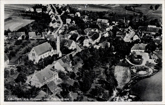 Postcard Lauffen am Neckar Kreis Heilbronn, aerial photograph of the village, church