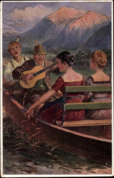 Artist Postcard Mühlberg, Georg, Oberlandler traditional costumes, evening boat trip