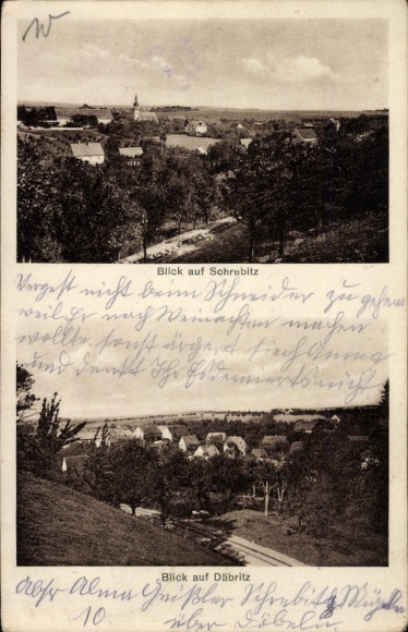 Ak Däbritz Schrebitz Ostrau in Sachsen, Vorderansicht von Schrebitz, Landschaft, Blick auf Däbrit