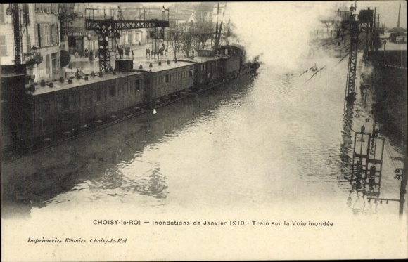 PC Choisy le Roi Val de Marne, Train sur la Voie inondee, flood January 1910