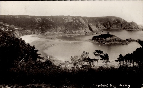 Ak Bouley Bay Kanalinsel Jersey, Portelet Bay  Küstenlandschaft, Wasser, Bäume, 