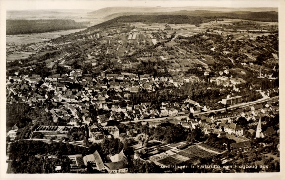 Postcard Grötzingen Baden Württemberg, aerial photograph of Grötzingen, airplane view, black and white