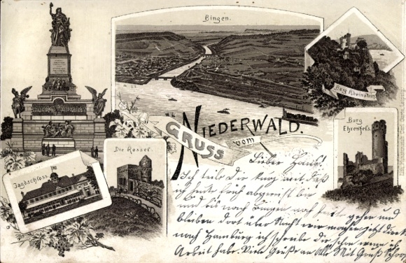 Precursor Chromo-Litho Rüdesheim am Rhein in Hesse, Rheinstein Castle, Rossel, Niederwald Monument