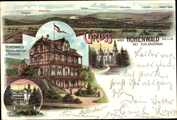 Chromo-Litho Schlangenbad in Taunus Hessen, restaurant and boarding house Hohenwald, Hohenbuchau Castle