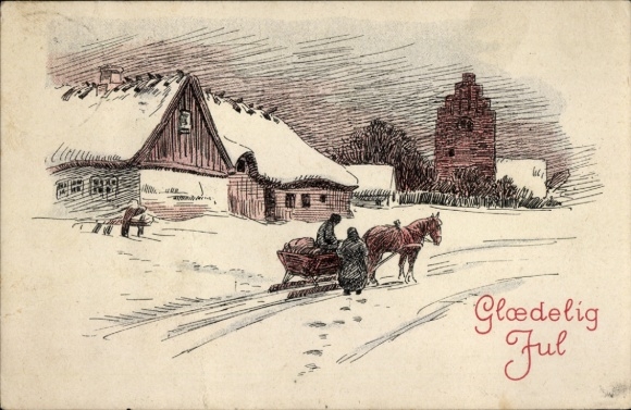 PC Congratulations Christmas, sleigh, houses, horse