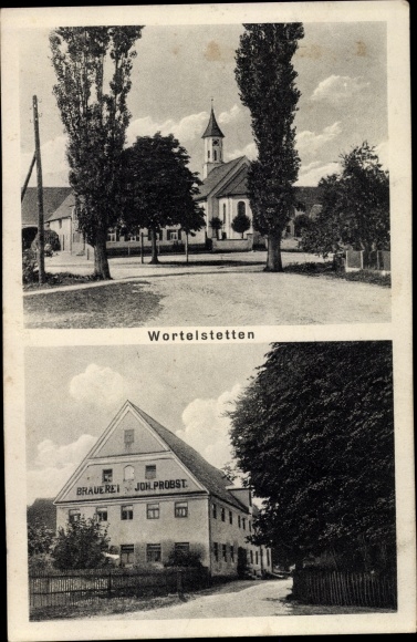 Postcard Wortelstetten Buttenwiesen Swabia, church, brewery