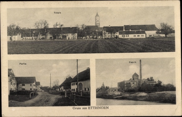 Postcard Ettringen on the Wertach in Swabia, overall view, street section, factory