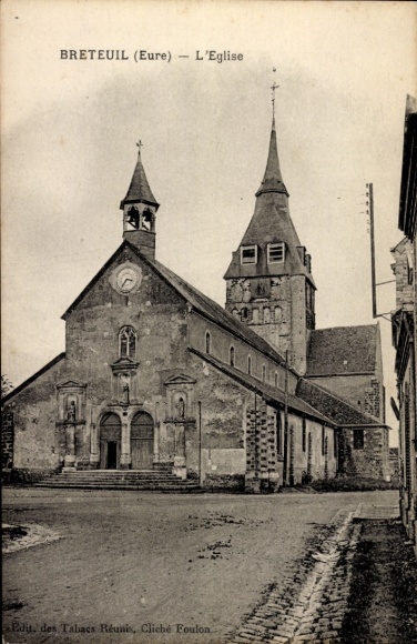 Postcard Breteuil Eure, church architecture, black and white, detailed facade