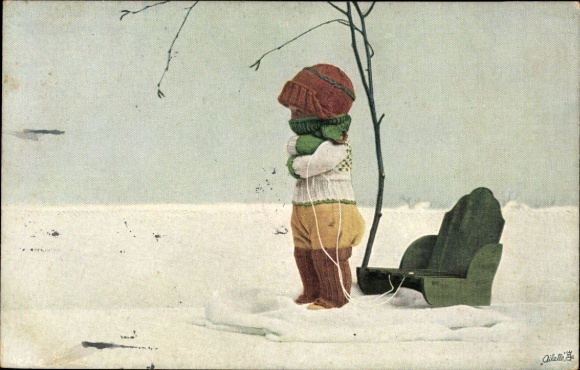 Postcard Käthe Kruse doll with sleigh in the snow