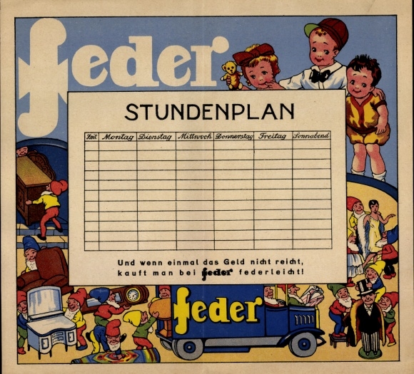 Timetable for the Feder department store - clothing and furniture - branches in Berlin Charlottenburg etc. around 1930